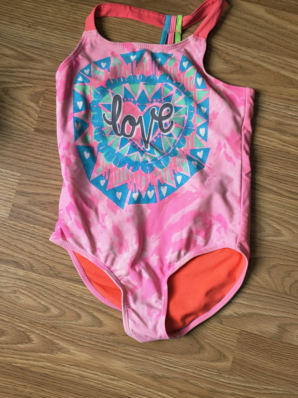 Girls Swimsuit HOT PINK TIE DYE Turquoise Lime LOVE Strappy Racerback M (7-8)